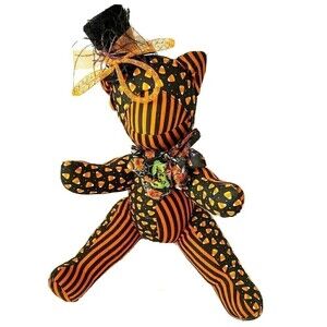 Large Halloween Plush Bear Top Hat Candy Corn Black Orange Handmade Decor Stripe